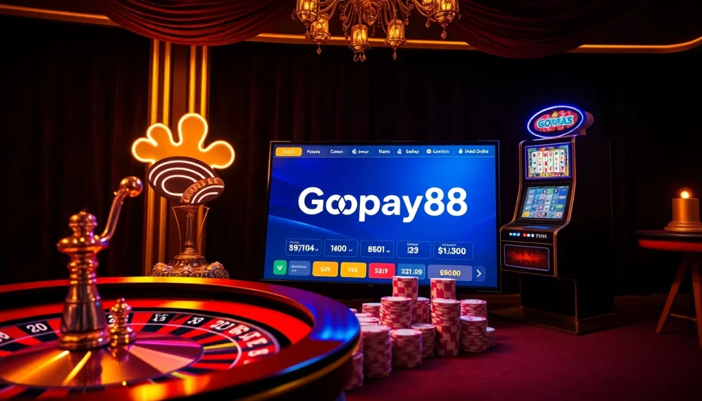 Enthusiastic players engage with Gopay88's vibrant online gambling interface at a luxurious casino.