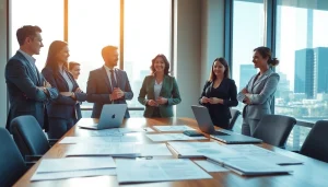 Professionals engaging in discussion about standing on business meaning in a bright office setting.