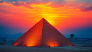 Pyraminds standing majestically against a vibrant sunset, showcasing ancient architectural marvels.