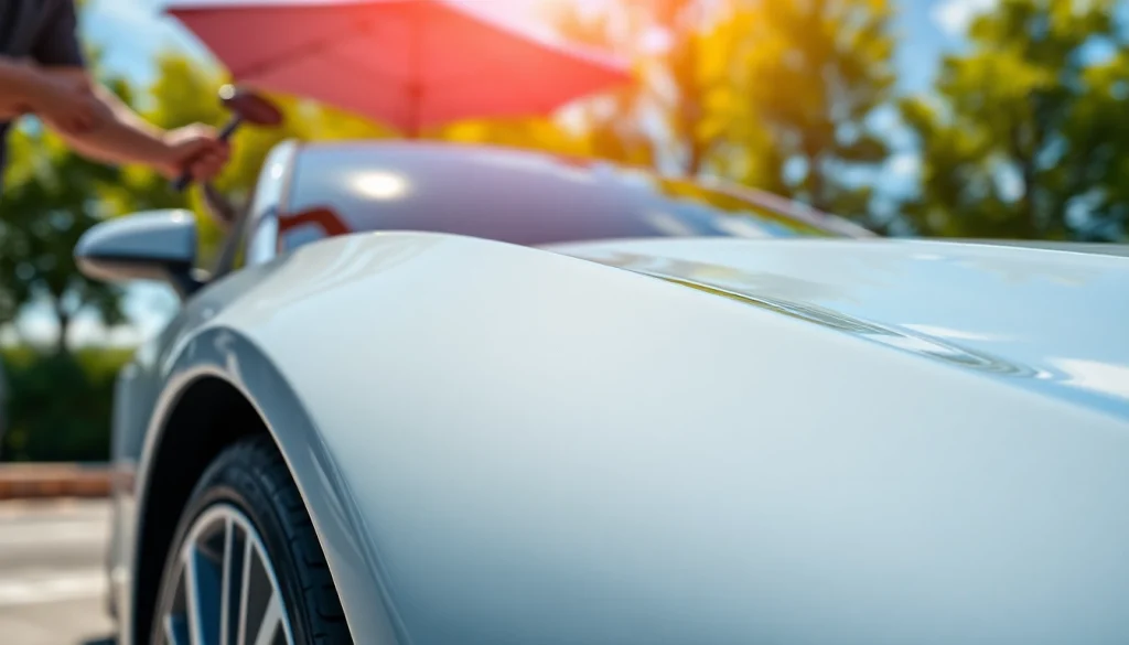 Applying ceramic coating near me on a sleek sports car, showcasing its glossy finish and protection.