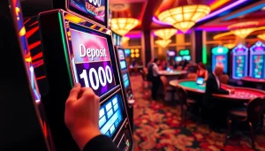 Rasakan sensasi Slot Depo 1000 di suasana kasino yang hidup, dengan pemain yang bersemangat dan mesin slot yang menyala.