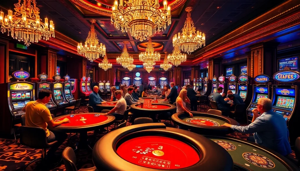 Excitement of gambling with diverse players at KJC Global casino tables and slot machines.