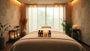 대구에서 부드러운 조명과 편안한 장식으로 구성된 편안한 마사지 치료 분위기.