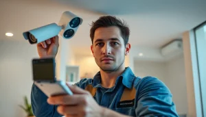 Técnico de seguridad profesional instalando equipos de vigilancia para una empresa de seguridad confiable.