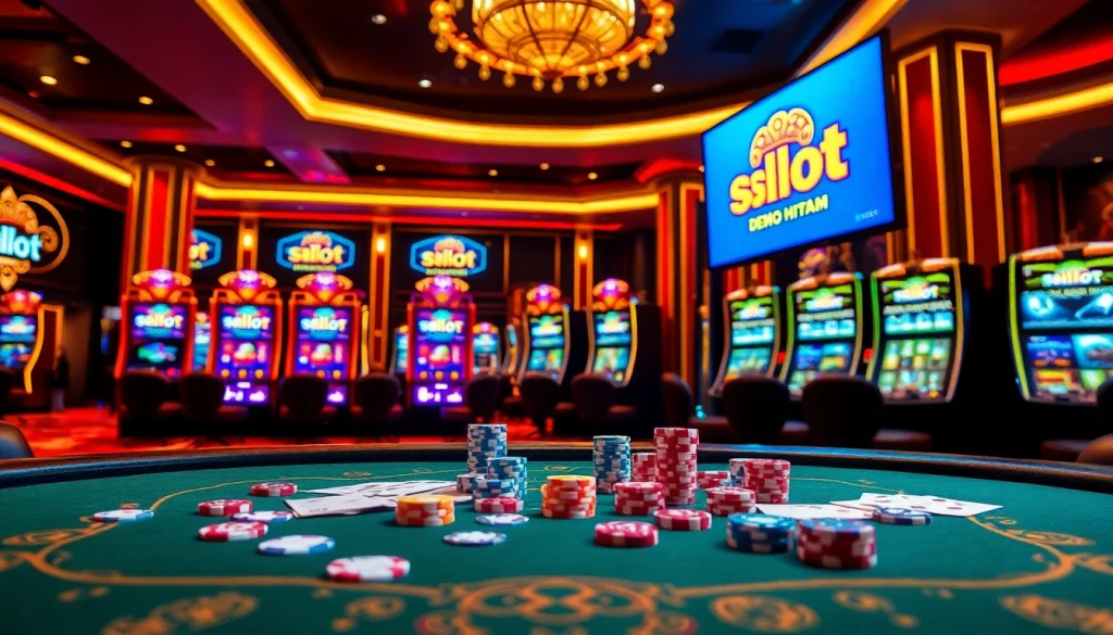 Play 'slot demo scatter hitam' at a luxurious casino filled with vibrant slot machines and gaming elements.