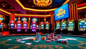 Play 'slot demo scatter hitam' at a luxurious casino filled with vibrant slot machines and gaming elements.