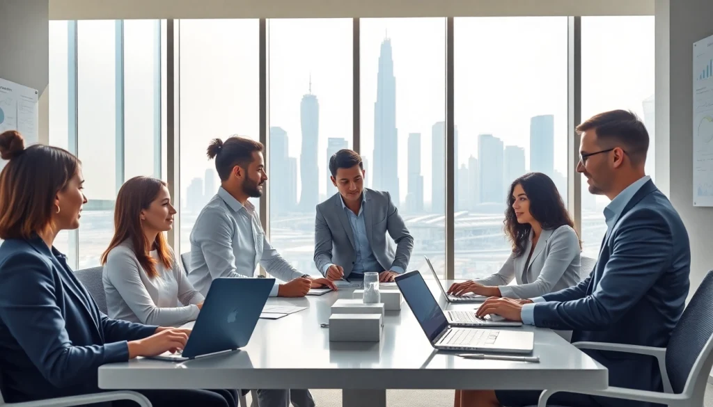 Professional team discussing Accounting Services in Dubai with modern office setup and skyline view.