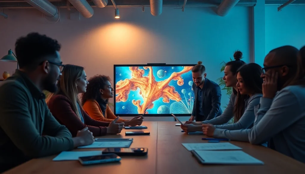 A collaborative scene in a creative workspace focused on image to prompt ai, highlighting a digital screen of vibrant artwork.