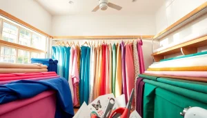 Stof voor jurk kopen in een gezellig stoffenwinkeltje met kleurrijke stoffen.