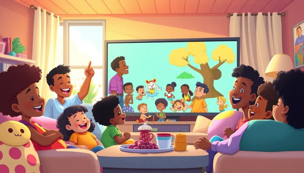 A diverse group of children enjoying African American cartoons in a cozy living room setting.