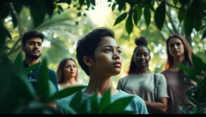 Anxiety symptoms illustrated through diverse expressions in a calming natural environment.