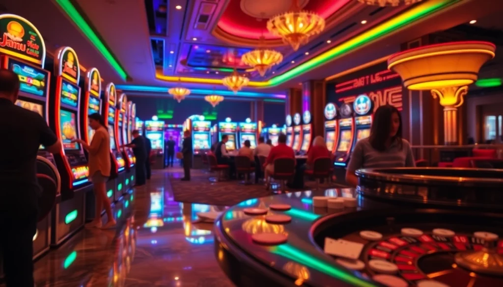 Excited players enjoying the jamu slot machines in a vibrant casino atmosphere filled with colorful lights.