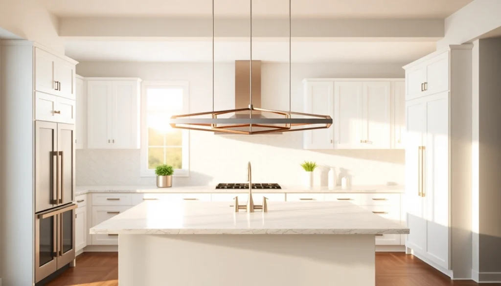Bright island light fixture illuminating a modern kitchen space.