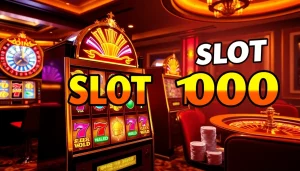 Rasakan sensasi suasana kasino yang meriah dengan mesin slot 'Slot Bonus 100' yang gulungannya menyala, menggoda pemain untuk meraih kemenangan besar.