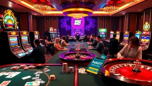 Experience the excitement of online gaming with the hoki77 link amidst vibrant casino visuals.