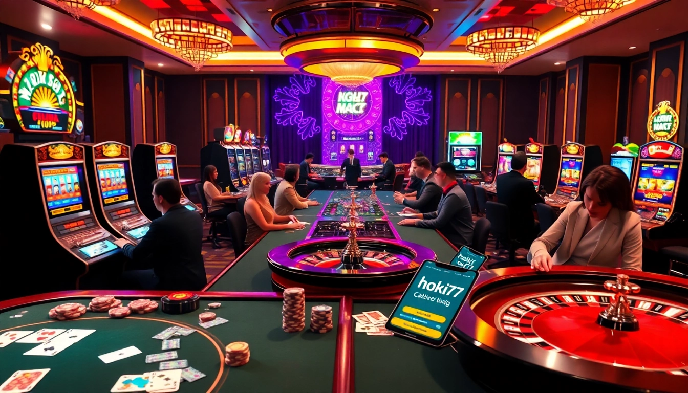 Experience the excitement of online gaming with the hoki77 link amidst vibrant casino visuals.