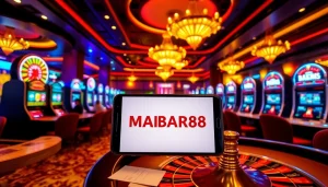 Adegan Menang MABAR88 dengan mesin slot yang berwarna-warni dan meja roulette yang menarik dalam suasana kasino mewah.