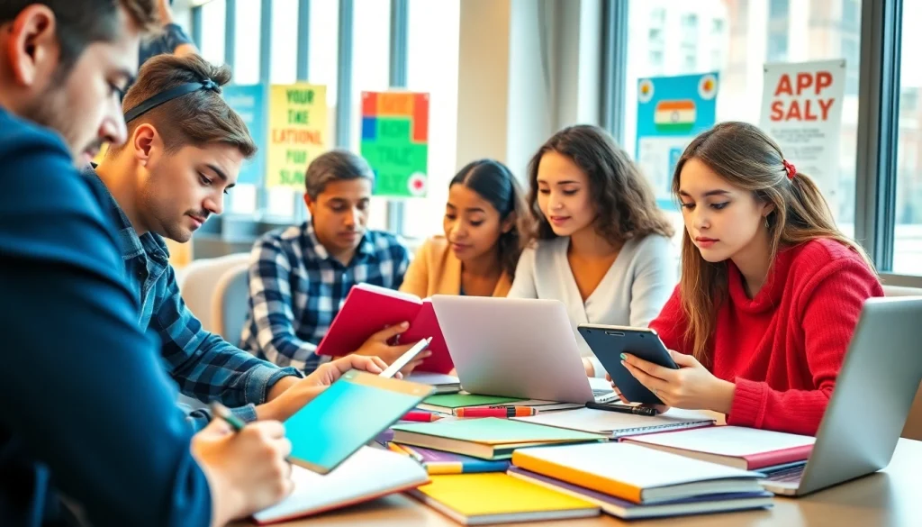 Students immersed in exam preparation activities in a vibrant study environment.