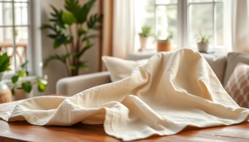 Goedkope linnen stof op een elegante tafel, verlicht door natuurlijk licht, met een warme en gezellige uitstraling.