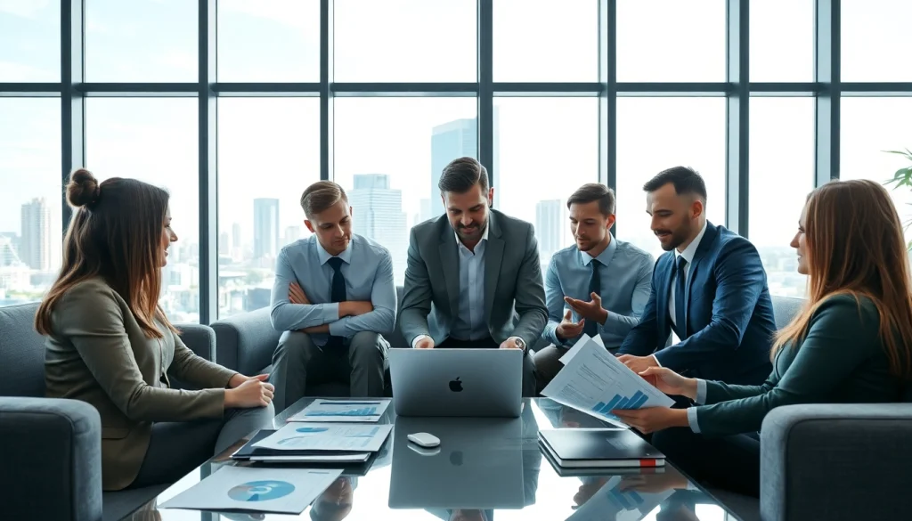 Engaged professionals discussing competitive intelligence FAQs amid charts and data visuals.