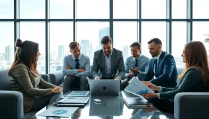 Engaged professionals discussing competitive intelligence FAQs amid charts and data visuals.