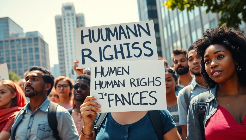 Empowered individuals rallying for Human Rights, showcasing strength and unity for equality.