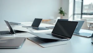 Laptopy zaprezentowane na nowoczesnym biurku, podkreślające ich funkcjonalność i estetykę.