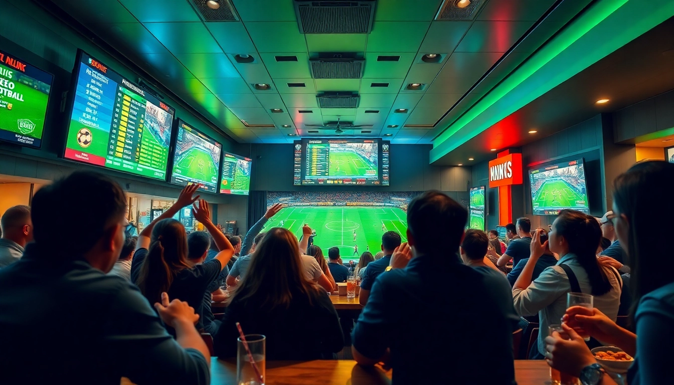 Kèo nhà cái scene in a vibrant sports bar with fans celebrating and dynamic betting boards.