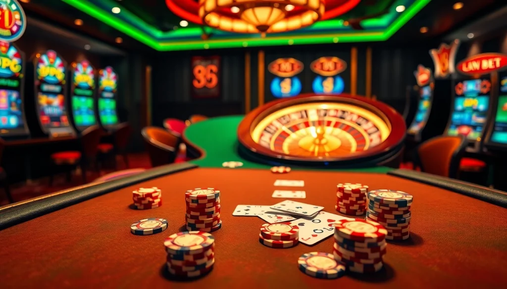 Experience a thrilling game at 8kbet's vibrant casino, with poker chips and illuminated roulette.