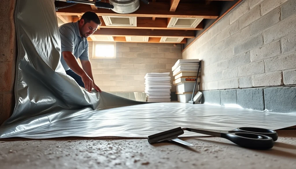 Vapor Barrier Installation process showing a technician working diligently in a crawl space.