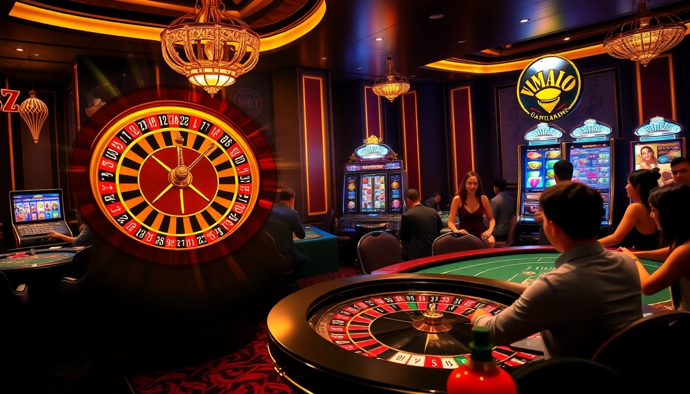 Players enjoying a thrilling game at vin777 com casino, featuring a vibrant roulette wheel.