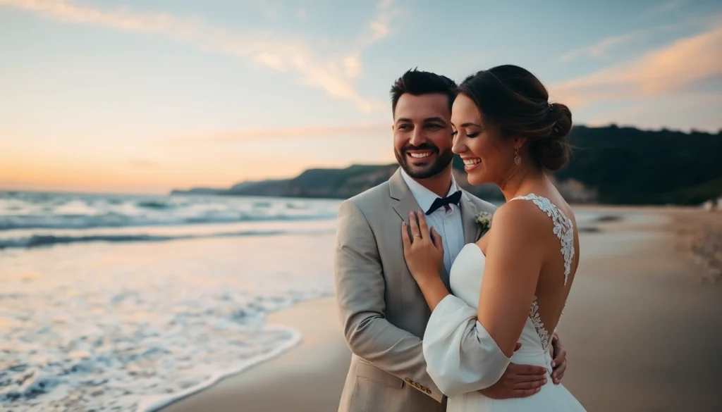Carmel wedding photography showcasing a couple's embrace against a beautiful sunset backdrop.