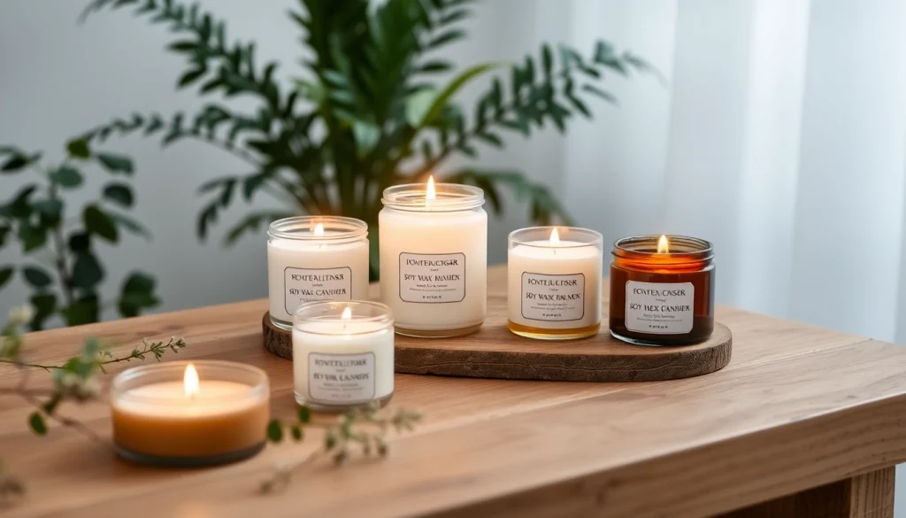 Mirisne svece od sojinog voska na drvenom stolu, okružene zelenilom.