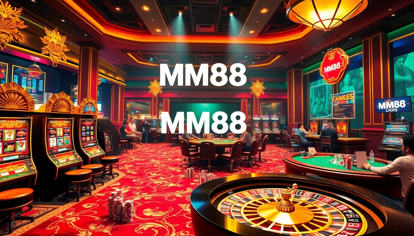 Experience the thrill of MM88 with luxurious casino interiors featuring vibrant slot machines and poker tables.