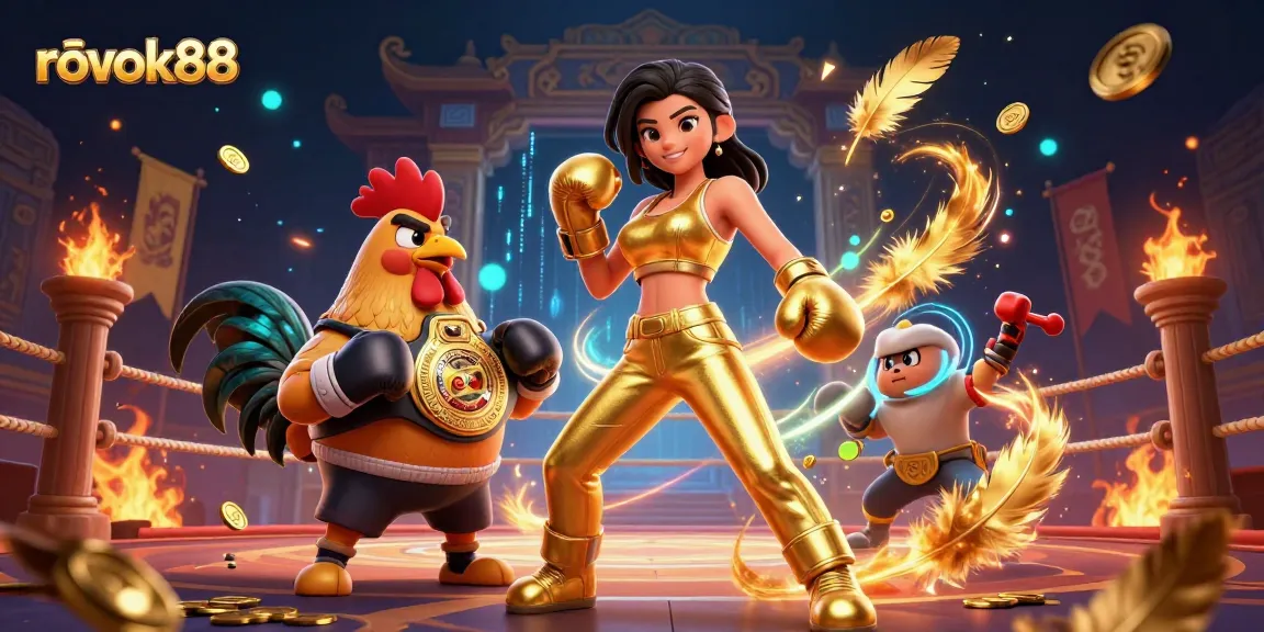 Engage in thrilling games at rokok88 with a dynamic scene of a champion and symbols of victory.