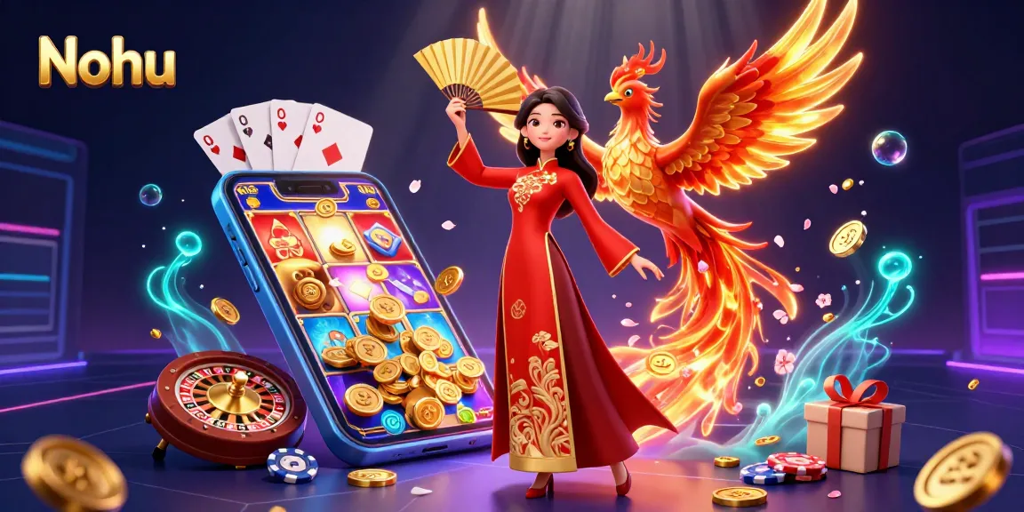 Nohu showcases an exciting slot game experience with vibrant elements and a graceful Vietnamese character amidst gold coins.