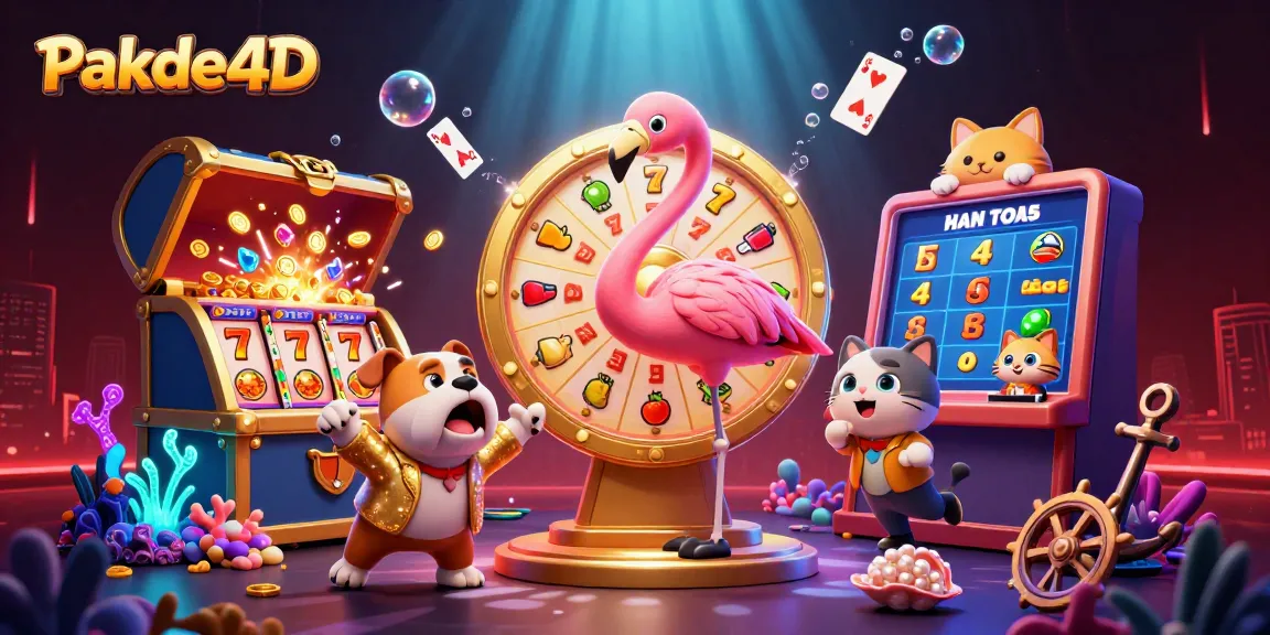 Pakde4D game show host flamingo spins a prize wheel in an engaging casino scene.