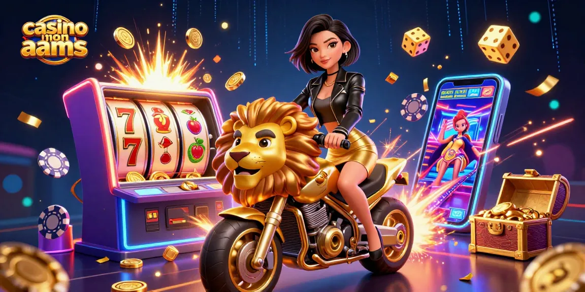 Guarda una donna asiatica glamour cavalcare una mascotte leone dorato in una scena vivace di casino non aams, piena di elementi di gioco.