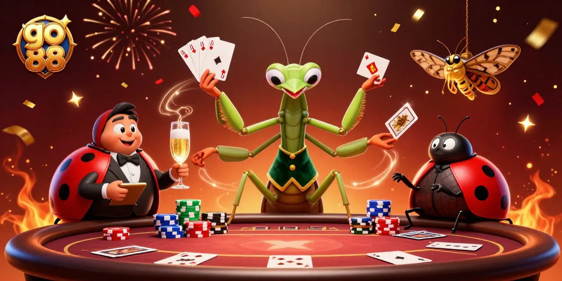Experience thrilling action with go 88 as a cartoon praying mantis card sharp deals winning hands at an animated poker table.
