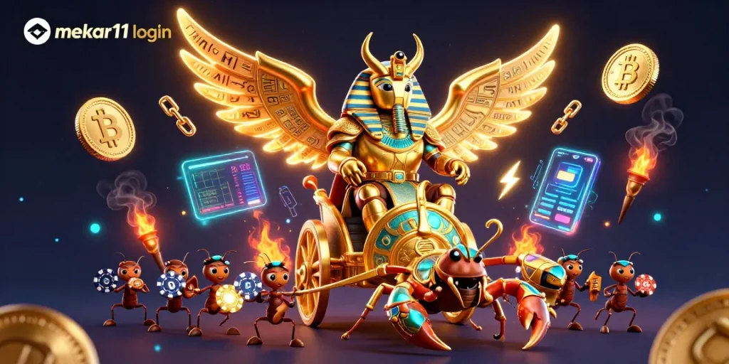 Join the mekar11 login adventure with a golden scarab beetle and scorpions amidst vibrant casino elements.