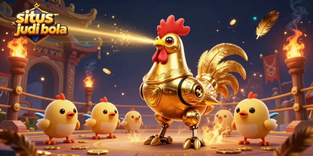 Engage in situs judi bola excitement with a dynamic illustration of a golden rooster robot fighting in an arena.