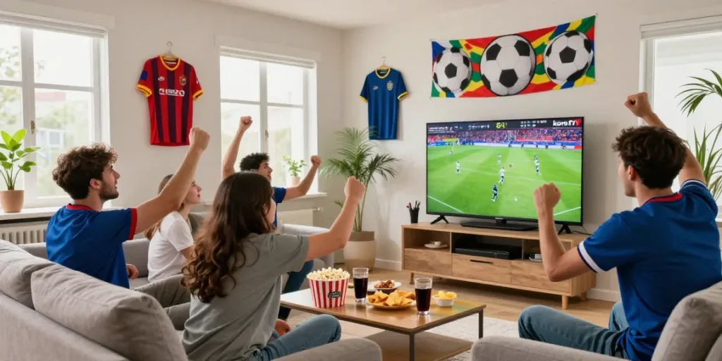 Football fans enjoying kora tv live match in a modern living room with snacks and jerseys.