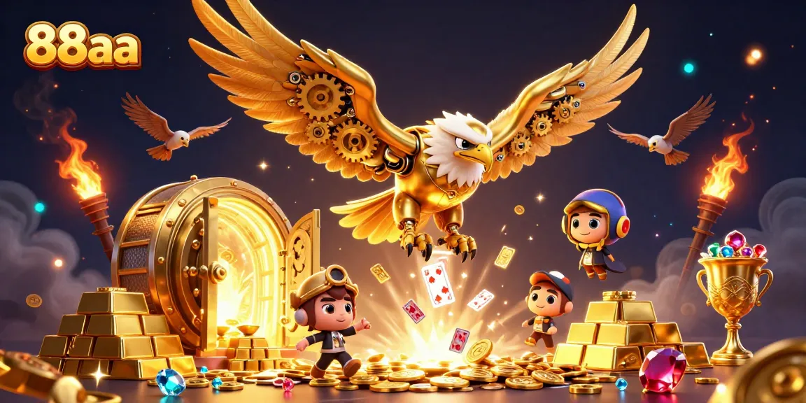 Experience the thrill of 88aa casino games with vibrant holographic cards flying in a rich golden treasure scene.