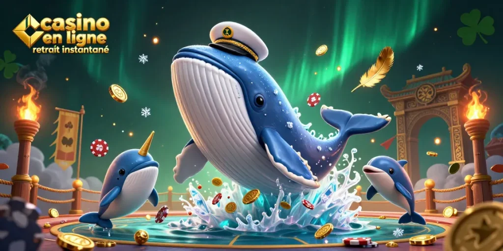 Jouer au casino en ligne retrait instantané, détendez-vous dans une scène animée de dauphins et d'une baleine avec des pièces d'or.