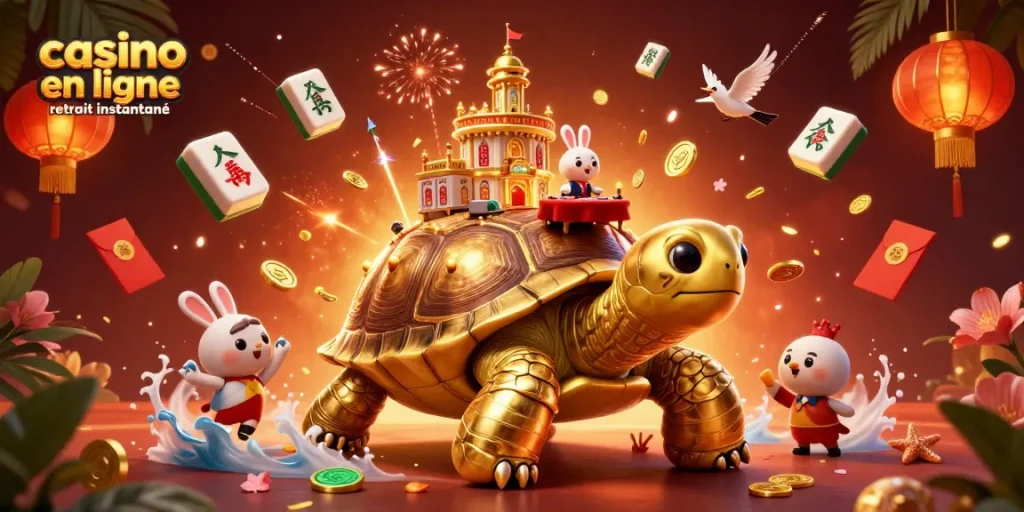 Jouer au casino en ligne retrait instantané avec une tortue géante et un croupier au cœur de l'action, captivant les joueurs.