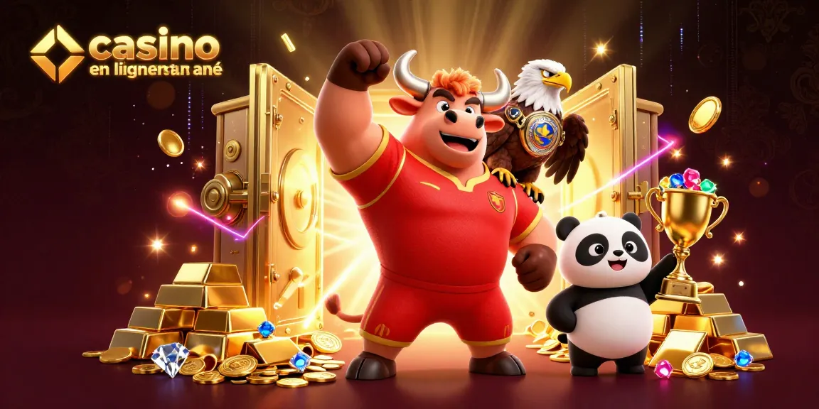 Illustration dynamique de casino en ligne retrait instantané avec des personnages de mascotte, bijoux et coffres d'or