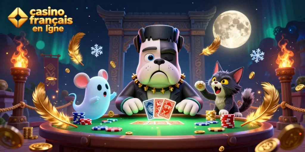 Faites place au casino français en ligne avec un bulldog Frankenstein effrayant aux cartes à une table illuminée par des fantômes et des effets de casino.