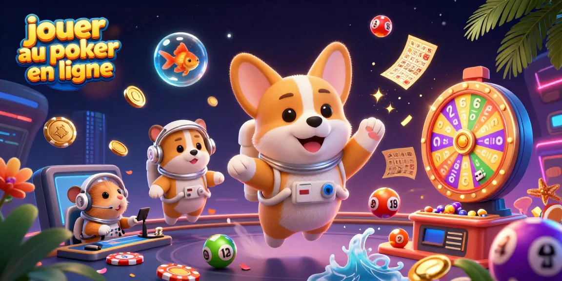 Jouer au poker en ligne avec des éléments de casino en 3D, mettant en scène un corgi astronaute et des effets dynamiques.