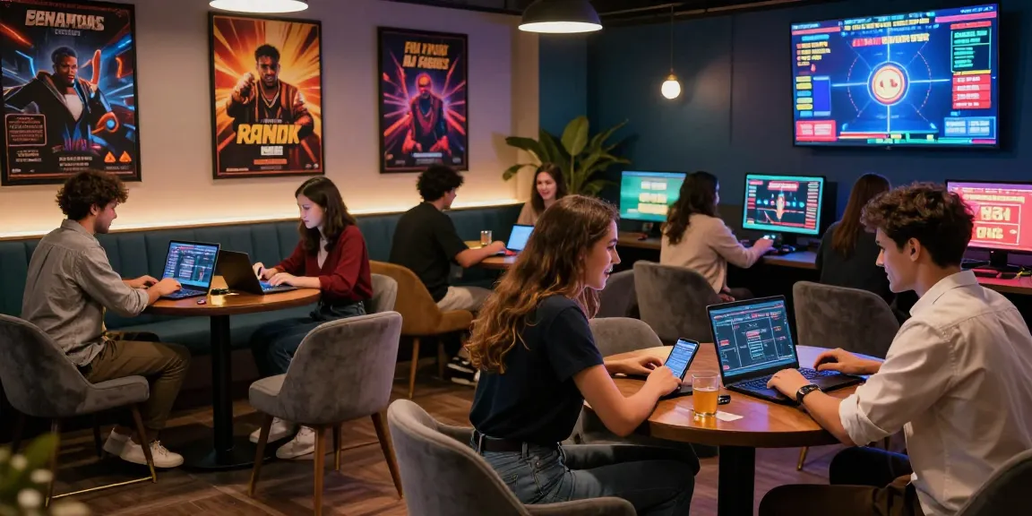 Young adults enjoying credit card casinos in a vibrant online casino lounge atmosphere