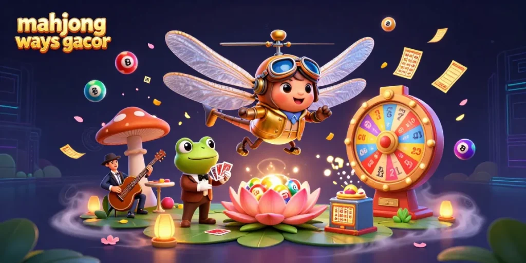 Experience the excitement of mahjong ways gacor with a vibrant casino scene featuring a dragonfly pilot and frog dealer.